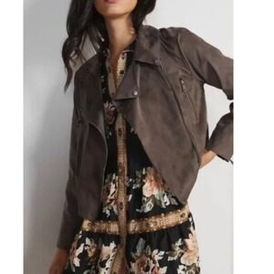 Anthropologie Hutch Womens Faux Suede Moto Jacket Brown Asymmetrical Large